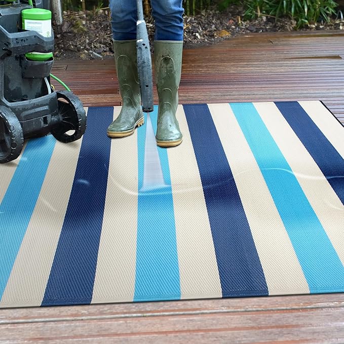 Rugshop Contemporary Stripe Reversible Crease-Free Waterproof Premium Recycled Plastic Outdoor Rugs for Patio,Backyard,RV,Deck,Picnic,Trailer,Beach,Camping,Sunroom Blue 7'10" x 10'