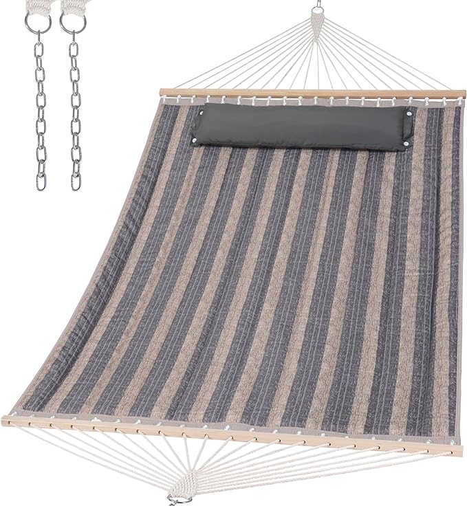 SUNCREAT Double Quilted Hammock with Hardwood Spreader Bar, Extra Large Soft Pillow, Heavy Duty 2 Person Hammock for Indoor, Outdoor, Gray Stripes