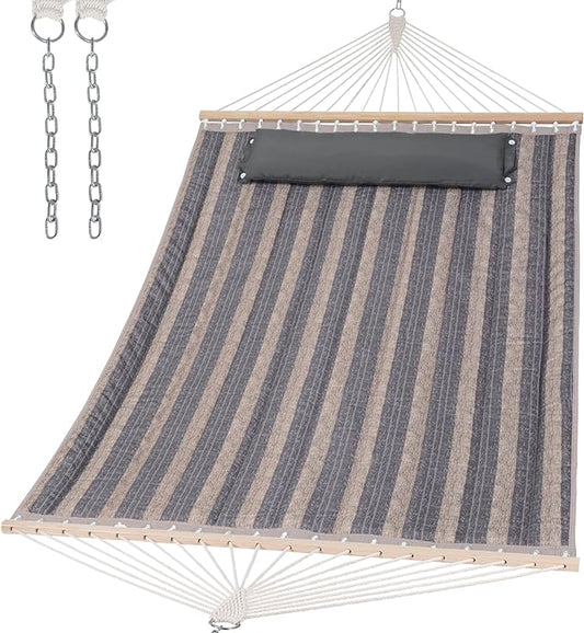 SUNCREAT Double Quilted Hammock with Hardwood Spreader Bar, Extra Large Soft Pillow, Heavy Duty 2 Person Hammock for Indoor, Outdoor, Gray Stripes