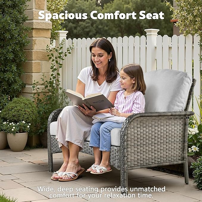 4-Piece Wicker Patio Furniture Set, All-Weather Rattan Conversation Bistro Loveseat Chair and Table Set for Backyard, Balcony and Deck with Soft Cushions and Metal Table(Gray)