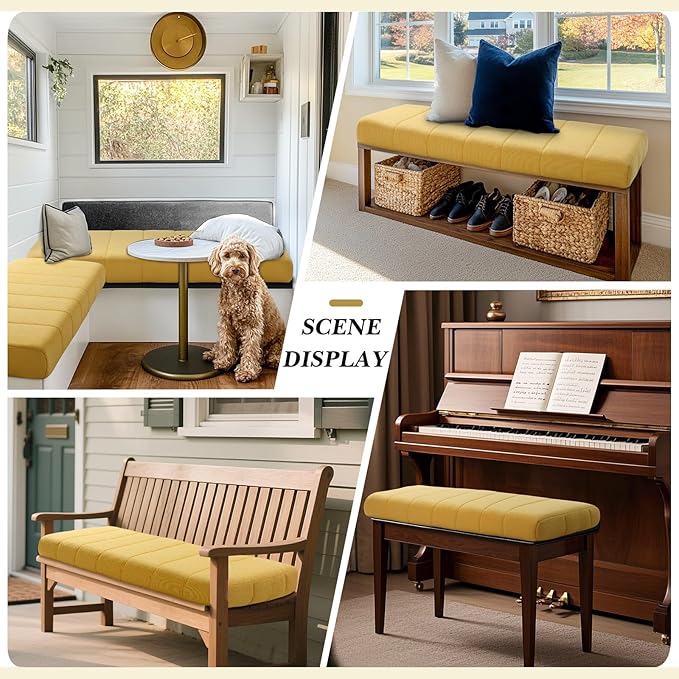 Wenqik Bench Cushion 42x16x4 Inch for Indoor Outdoor Furniture Tufted Thicken Bay Window Seat Cushion Non Slip Waterproof Dining Piano Bench Pad Pillow Anti Cat Scratch for Patio Porch Swing, Yellow