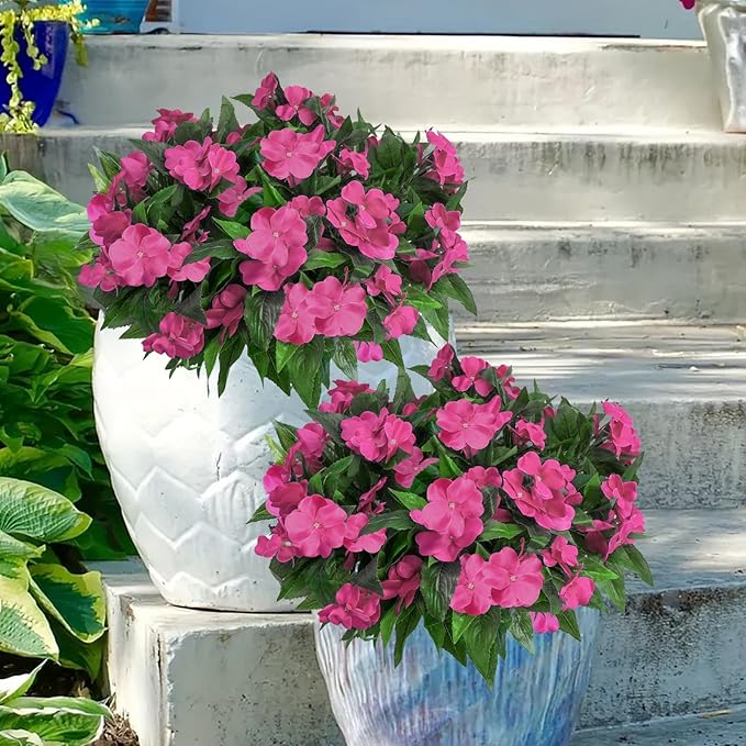 8 Bundles Artificial Flowers for Outdoors Silk Impatiens Flowers UV Resistant Faux Impatiens Plants Faux Flowers for Outdoor Planters Pot Lawn Garden Balcony Hanging Basket Porch (Rose Red)