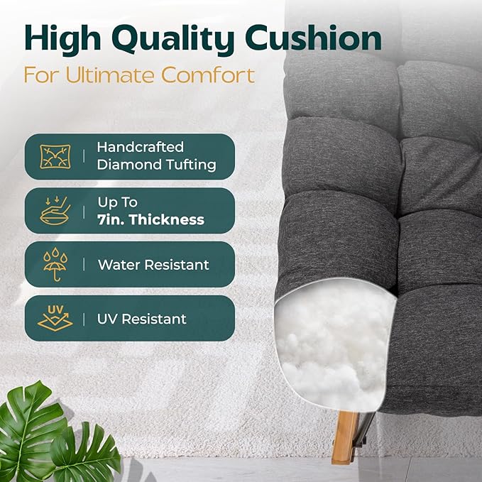 Bme Patio Rocking Chair Outdoor & Indoor, Metal Patio Lounge Rocking Chair with Thick Cushion, Comfy Modern Rocker Chair for Living Room, Porch, Backyard, Grey Cushion - Wood Texture Rocker