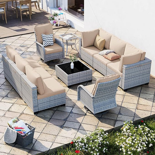10-Piece Patio Furniture Set, Outdoor Patio Furniture with Swivel Chairs Set, Thick Cushions, Modular Patio Sofa, Dual-Strand Wicker Rattan, Rust-Resistant Frame, Sand