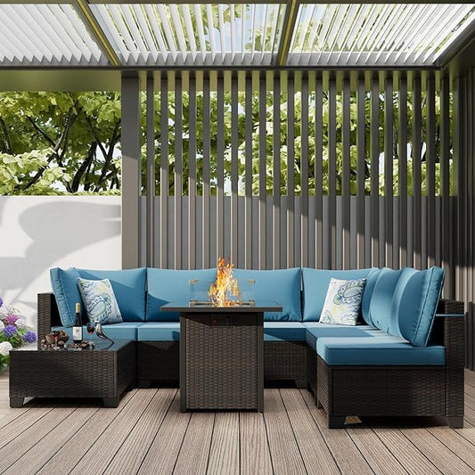 Patio Furniture Set with Fire Pit Table, 8-Piece Outdoor Furniture Set with Thick Cushions, Wicker Sectional Sofa for Porch Garden Backyard, Brown/Peacock Blue