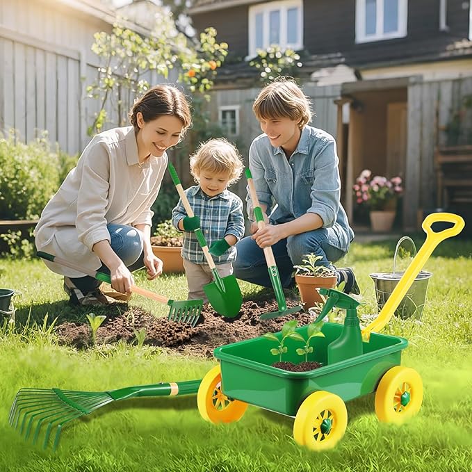 Duckura Kids Gardening Tools Set - 7pcs Wheelbarrow Set Outdoor Toy for Kids with Shovel, Rake, Leaf Rake, Yard Digging Weed Toys, Halloween Birthday Gifts for Boys Girls Age 2 3+Years Old(Yellow)