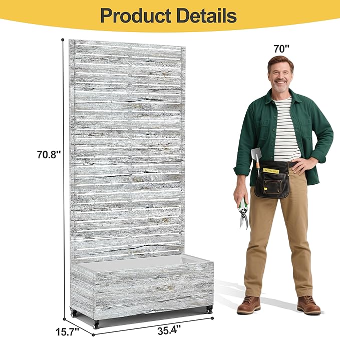 Raised Garden Bed with Trellis and Wheels,73"x35"x16" Metal Raised Garden Bed,White Wood Finish Metal Planter with Climbing Trellis for Vines & Vegetables