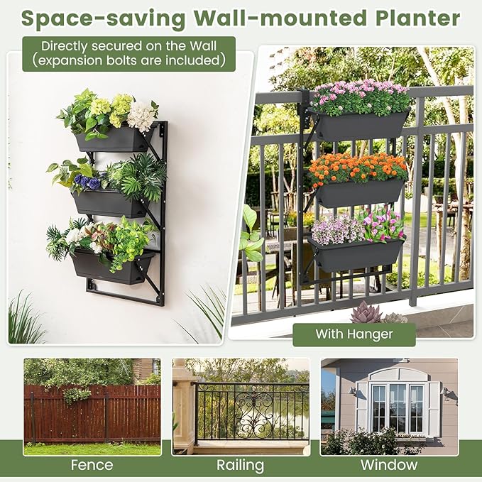Giantex Vertical Raised Garden Bed, Hanging & Wall-Mounted Planter Garden Boxes, Adjustable Shelf & Detachable Hooks, 3-Tier Railing Raised Beds for Flower Strawberry Vegetable