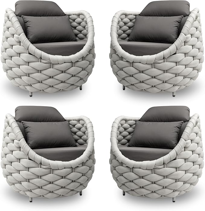 4 PCS Porch Furniture Chair: Patio Accent Chair Aluminum - Woven Rope Cushioned Armchair Assembled - Modern Lounge Single Chair - All Weather 400lbs for Deck Balcony Yard Garden Hotel Poolside