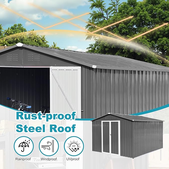 Sheds & Outdoor Storage 12 ft × 10 ft Storage Shed Large Classic Apex Roof Metal Garden Storage Sheds with Hinged Door Tool Cabinet for Backyard, Patio, Poolside, Gray