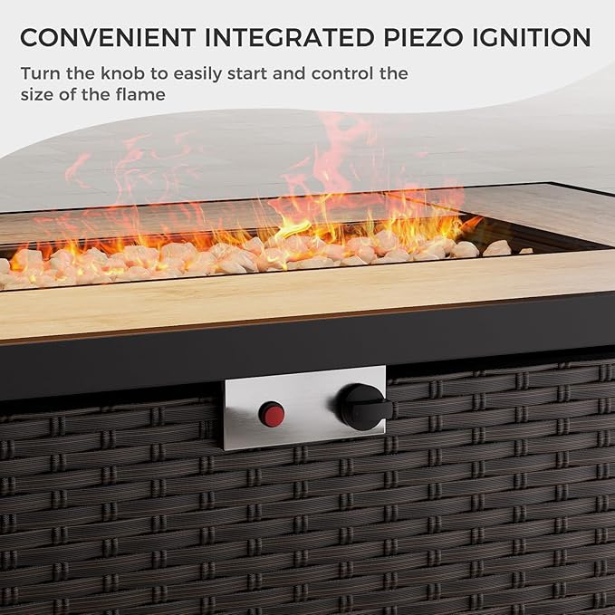 Grand patio 8-Piece Patio Furniture Set with 47" Fire Pit Table, Outdoor Conversation Set & 50,000 BTU 47 Inch Rectangle Propane Fire Pit with Water Resistant Blue Thick Cushions, Brown