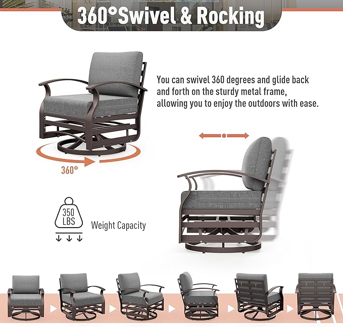 Kurapika Aluminum Patio Furniture Set 6-Seat Modern Metal Outdoor Conversation Sets w/Swivel Rocking Chairs Patio Sectional Sofa w/5.1 Inch Cushion, Grey