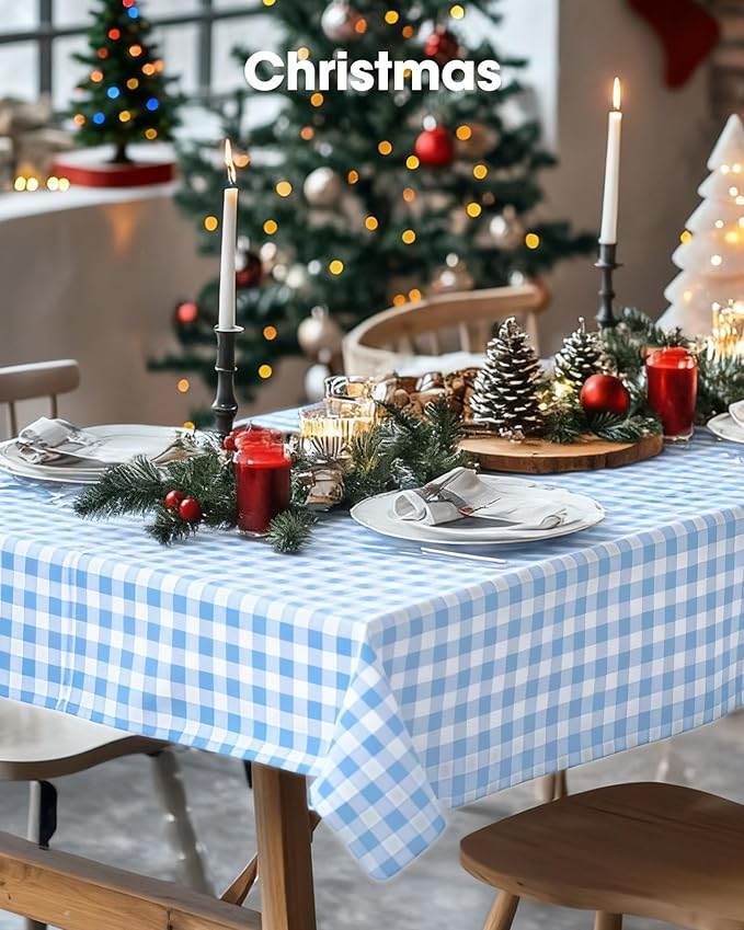 Pureegg Plastic Table Cloth Disposable 8 Pack, 54 x 108 Inch Table Cloths, Party, Picnic, Decorative Gingham Tablecloths, Rectangle, Blue and White Checkered Cover, Leakproof & Sturdy, Blue Plaid