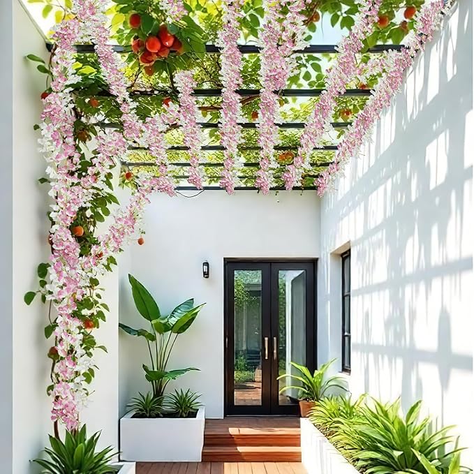 2 Pcs Artificial Bougainvillea Flowers Garland Fake Silk Bougainvilleas Vines Trailing Faux Hanging Flowers Plants Bougainvillea Artificial for Porch Wedding Arch Spring Summer Decor Pink White