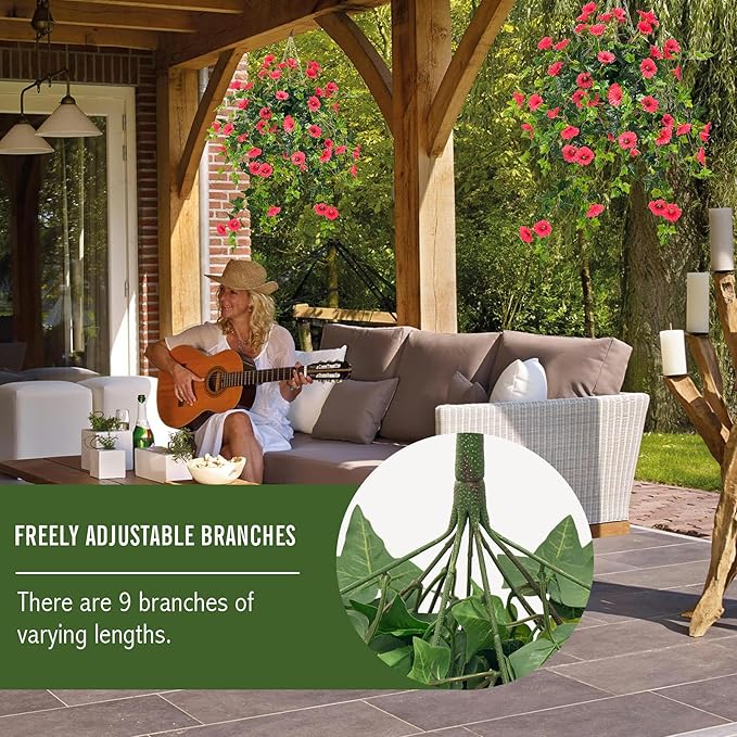 Artificial Flowers Faux Outdoor Plants Artificial Petunias For Outdoors Uv Resistant Fake Petunias Plants Hanging Flower Patio Decor Outside Basket Realistic Silk Plant No Pot(Rose Red 2pcs)