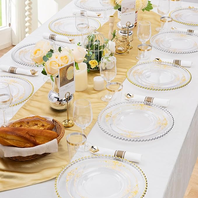 Hioasis 350pcs Clear and Gold Plastic Plates - Elegant Disposable Dinnerware Set Suitable for 50 Guests Include 10.25" Dinner & 7.5" Dessert Plates, Pre Rolled Silverware Set, Cups for Party & Wedding
