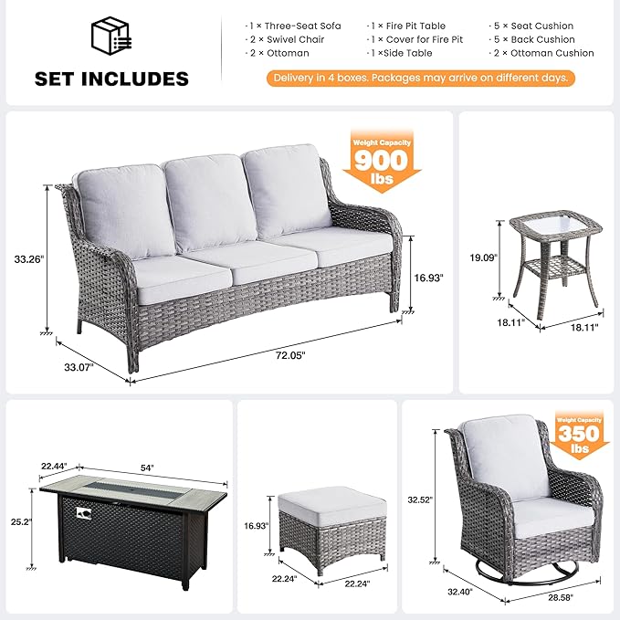 ovios 7 Pieces Patio Furniture Set, Outdoor Wicker Sofa Couch with Swivel Chairs 54" Fire Pit Table, All Weather High Back Modern Conversation Sets, Grey Rattan, Grey