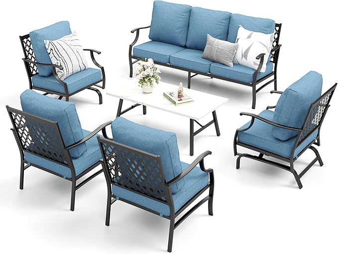 Patio Furniture Set 6 pcs, Outdoor Patio Furniture, 1 X 3-Seat Sofa, 2 X Single Chairs, 2 X Rocker Chairs, 1 X Coffee Table and 5.75" Extra Thick Cushion, Patio Conversation Set,Navy Blue