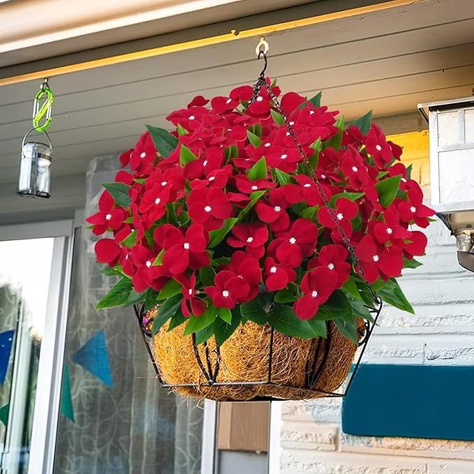 8 Pcs Artificial Impatiens Flowers for Outdoors Faux Impatiens Bouquet Faux Silk Flowers for Outdoor Faux Plants Outside Indoor Pot Patio Garden Hanging Basket Porch Decor (Red)