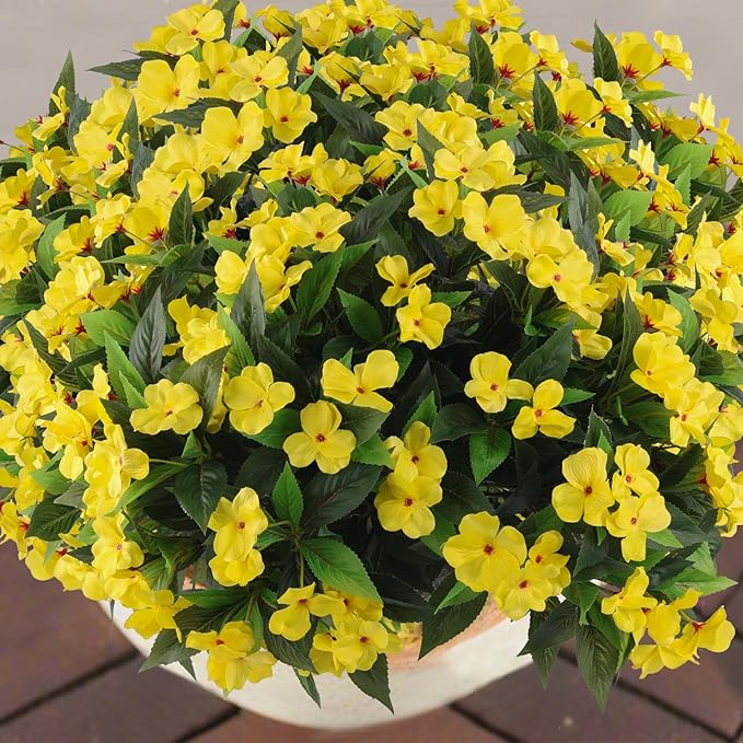 Artificial Flowers for Outdoors Silk Impatiens Flowers Faux Flowers Impatien Bushes Artificial Impatiens for Pot Patio Lawn Garden Hanging Basket Porch Decor (8, Yellow)