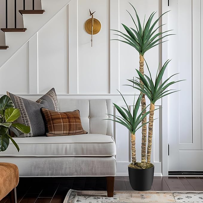 6FT Artificial Tree 2 Pack Faux Agave Plant Indoor, Tall Faux Plant with 3 Heads in Potted Silk Fake Tree for Home Living Rome Office Decor Housewarming Gifts