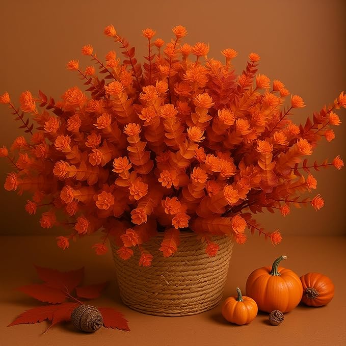 Artificial Flowers for Outdoors, 12 Bundles UV Resistant Realistic Faux Plants for Outside Porch Planter, Spring Summer Home Garden Decoration, Red Orange