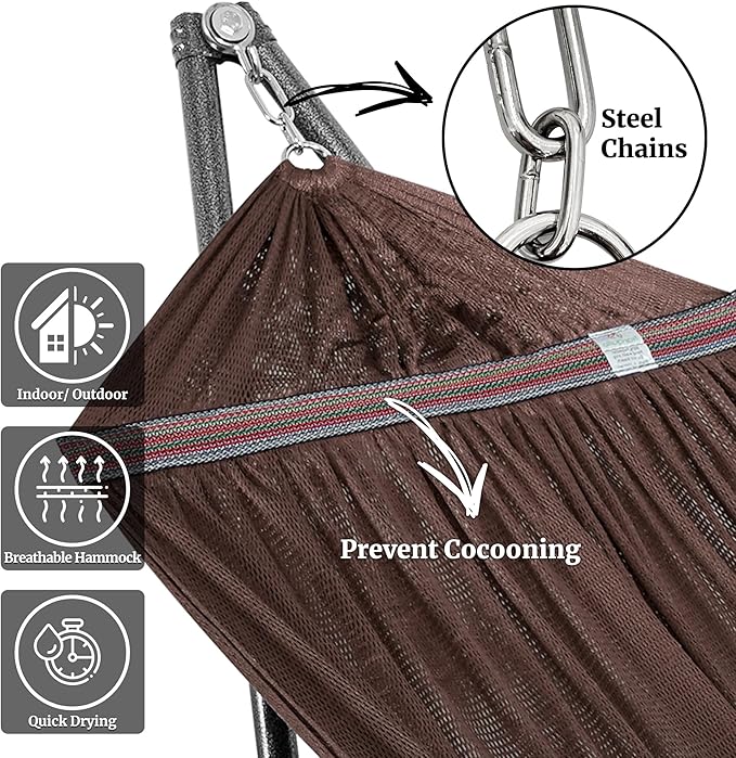 Tranquillo Universal Double Hammock with Stand Included for 2 Persons/Foldable Hammock Stand 600 lbs Capacity Portable Case - Inhouse, Outdoor, Camping, Brown