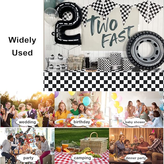 6 Pack Black and White Checkered Tablecloth, Plastic Table Cloths for Parties Disposable, 54 x 108 inch Waterproof Black Checkered Flag Table Cloth for Birthday, Party, Picnic, School