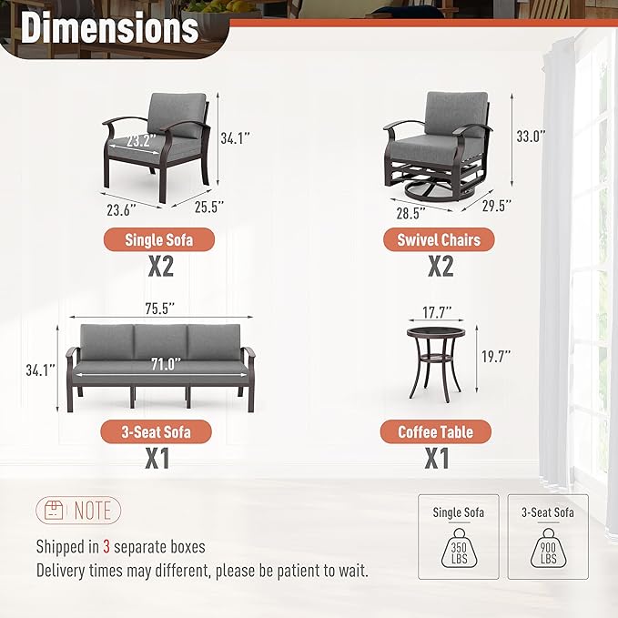 Kurapika Aluminum Patio Furniture Set 7-Seat Modern Metal Outdoor Conversation Sets w/Swivel Rocking Chairs Patio Sectional Sofa w/5.1 Inch Cushion, Grey