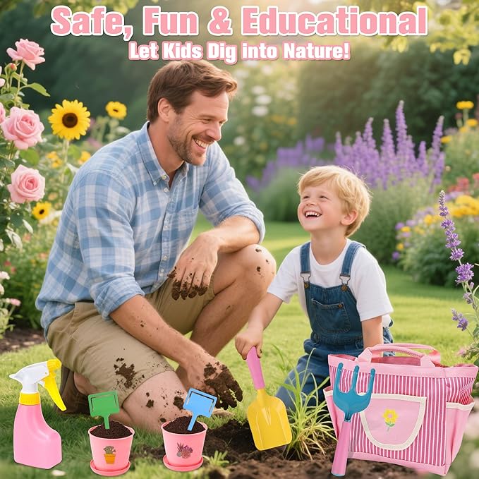 Kids Gardening Tools Set with Tote Bag – 13Pcs Garden Toy Kit for Toddlers, Includes Metal Shovel, Rake, Trowel, Watering Can, Gloves, Pots, Apron, DIY Bookmark & 3D Garden Stickers