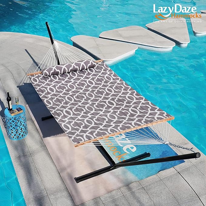 Lazy Daze Hammocks 12FT Quilted Fabric Hammock with Pillow, Double 2 Person Hammock with Spreader Bar for Outdoor Outside Patio Garden Yard, 450lbs Weight Capacity, HMQF-001GF
