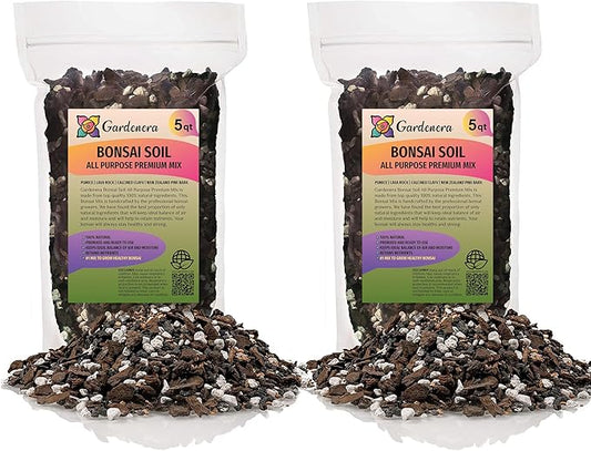 Premium Bonsai Soil All Purpose Fast Draining Mix - 10 Quart - Pumice, Lava, Calcined Clay and Pine Bark Potting Pre Mixed Bonsai Plant Soil Mixture by GARDENERA - Made in USA - (2 Bags of 5QT)
