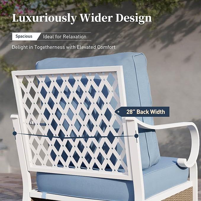 4 Piece Metal Outdoor Patio Furniture Sets, Patio Conversation Sets 1 2-seater Sofa, 2 Single Sofa with 5.75" Extra Thick Cushion and Coffee Table, White Frame Backyard Furniture, Blue