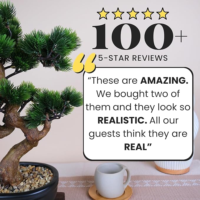 Artificial Bonsai Tree 16" Tall with Realistic Wood and Ceramic Pot Fake Plants Juniper Pine Zen Faux Plants for Home Bedroom Japanese Decor