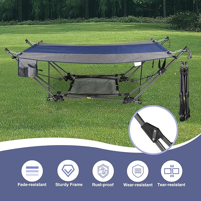 RedSwing Portable Folding Hammock with Stand,Foldable Camping Hammock with Removable Pillow,Storage Net,Foldable Lounge Camping Bed for Adults for Outdoor,Backyard,Beach,Garden,Lawn
