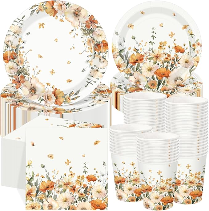 250 Pcs Fall Floral Party Decorations Include Autumn Flowers Paper Plates Napkins and Cups for Autumn Wedding Baby Shower Birthday Party Decorations, Serve 50 Guest