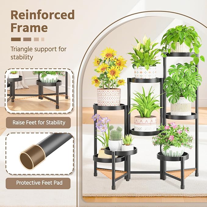 LASZOLA 8 Tiered Folding Plant Stand Indoor for Multiple Large Planter, Tall Heavy Duty Adjustable Rack with Rust Proof 10 Inch Wide Tray, Sturdy Vertical Tree Organizer for Narrow Inside Floor, Black