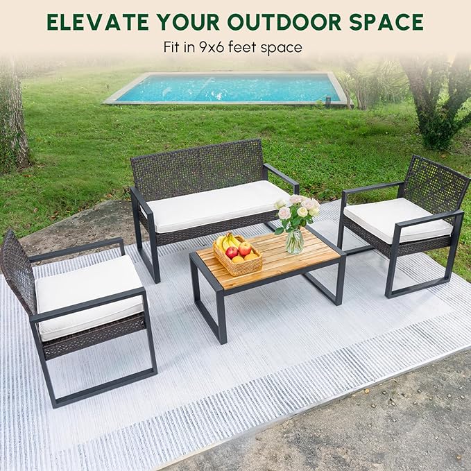 BEEFURNI Wicker Patio Furniture Outdoor Conversation Set of 4, Acacia Wood Table, 2 Rattan Chairs, Loveseat, 2” Cushions, All-Weather, Easy Assembly, 1-Year Manufacturer Warranty (Black)