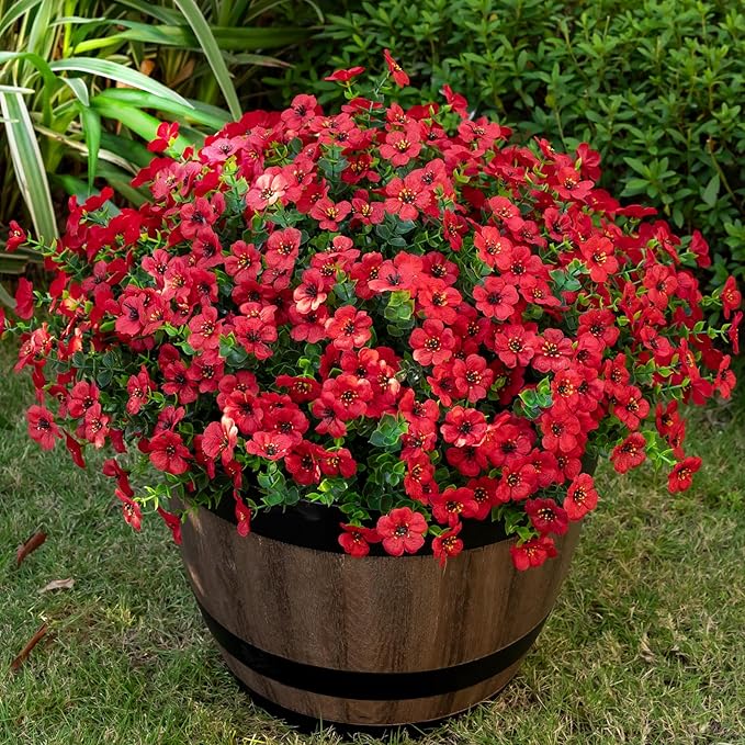 20 Bundles Artificial Flowers for Outdoor Fake Plants for Spring Decoration,Faux Eucalyptus Flowers for Planter UV Resistant Lifelike for Home Porch Garden（Red）