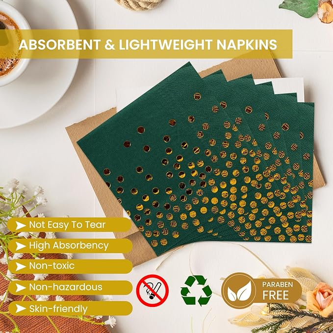 75PCS Paper Plates and Napkins Set - Green and Gold Dot Disposable Party Dinnerware Includes Paper Plates, Napkins, Forks Decorations for Father's Day Graduations Birthdays and Weddings, Serves 25