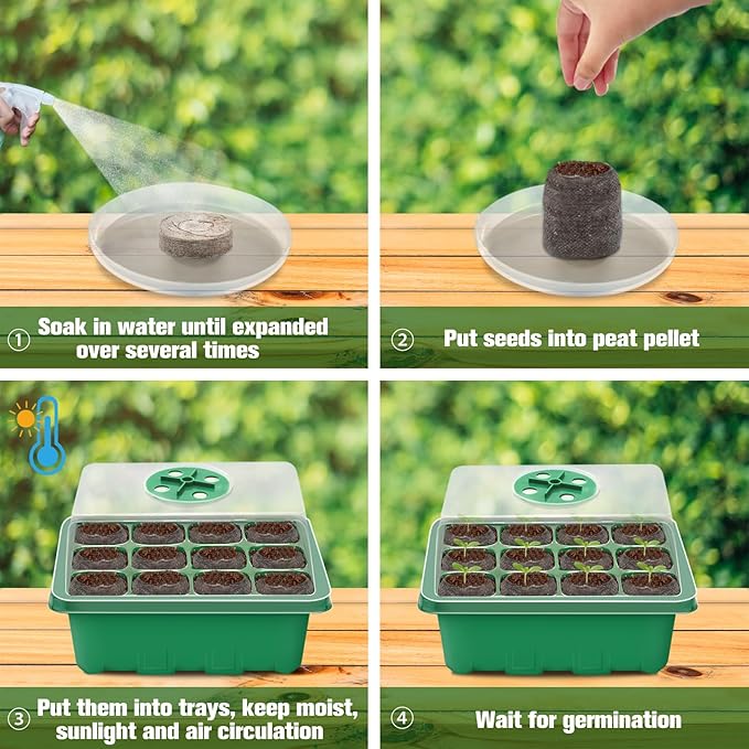 Halatool 4 Pack Seed Starter Tray with 50 PCS Peat Pellets, 48 Cells Green Seeding Starter Trays for Organic Seed Stater Soil Pods for Planting Vegetables Plants Flowers - Starting Seeds Kit