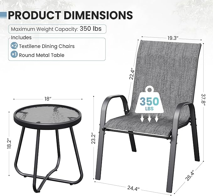 Patio Table and Chairs Set - 3 Piece Outdoor Stackable Dinging Chairs for All Weather,Breathable Garden Furniture for Deck Garden Backyard (Dark Grey)