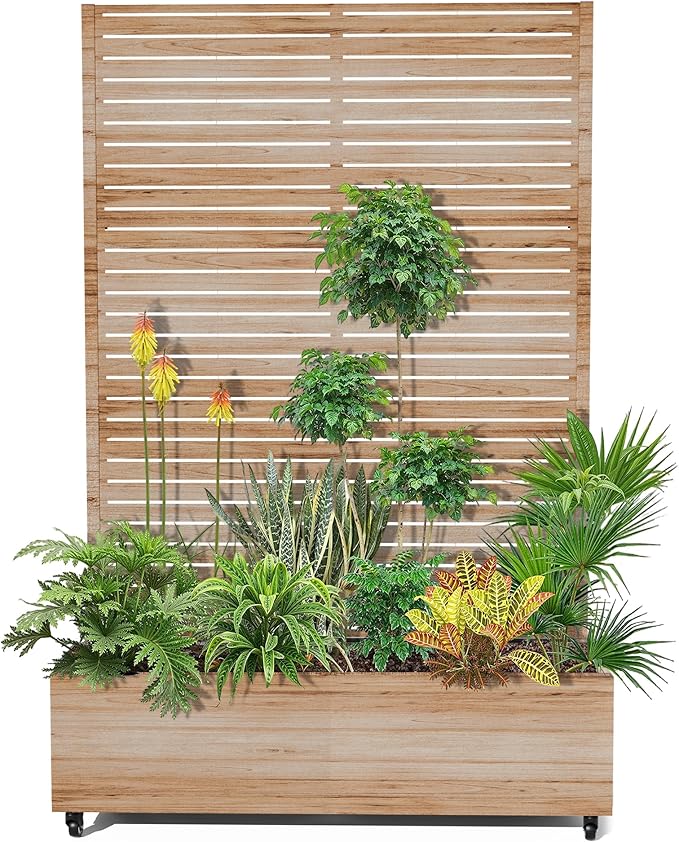 15.7"×70.9"×47.2" Metal Raised Garden Bed with Trellis and Wheels - Tall Trellis Planter Box for Climbing Plants, Vegetables & Vines - Outdoor Privacy Planters for Patio (Acacia Wood Grain)