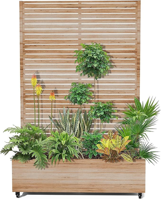 15.7"×70.9"×47.2" Metal Raised Garden Bed with Trellis and Wheels - Tall Trellis Planter Box for Climbing Plants, Vegetables & Vines - Outdoor Privacy Planters for Patio (Acacia Wood Grain)