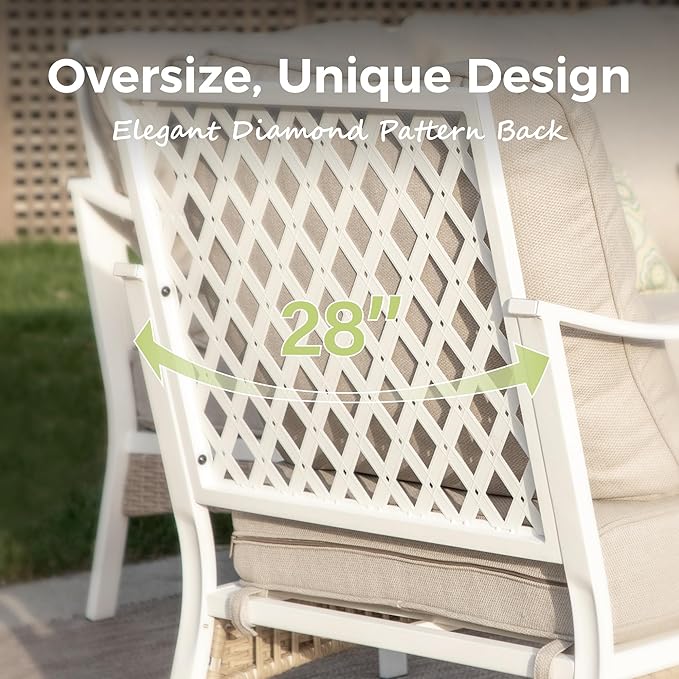 6 Piece Patio Furniture Set, 2 x Fixed Chair, 2 x Rocking Chair, 1 x 3-Seat Sofa with Marbling Coffee Table, All Cushioned 7 Seats Outdoor Conversation Set, Beige