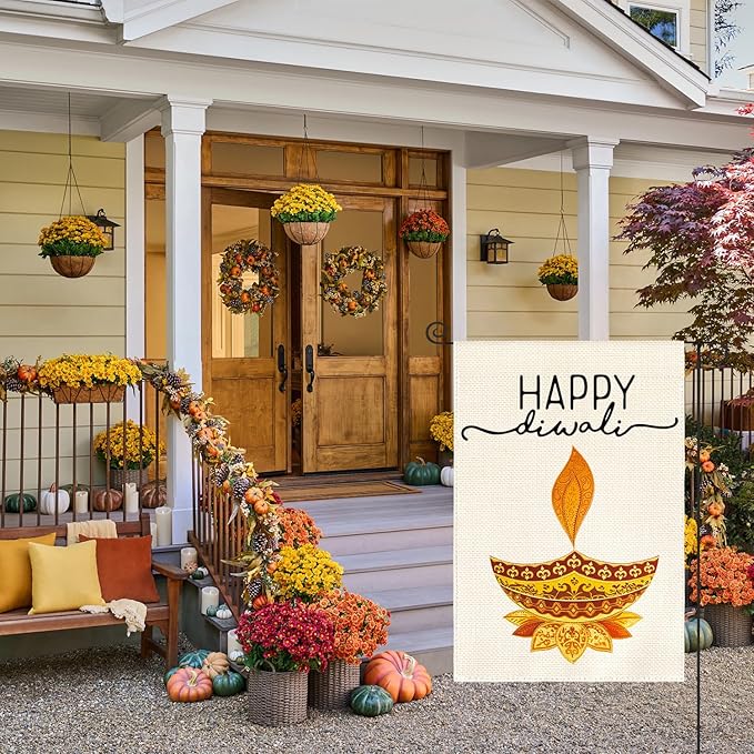 AVOIN colorlife Happy Diwali Garden Flag Vertical Double Sided, Oil Lamp Lotus Yard Outdoor Decoration 12 x 18 Inch