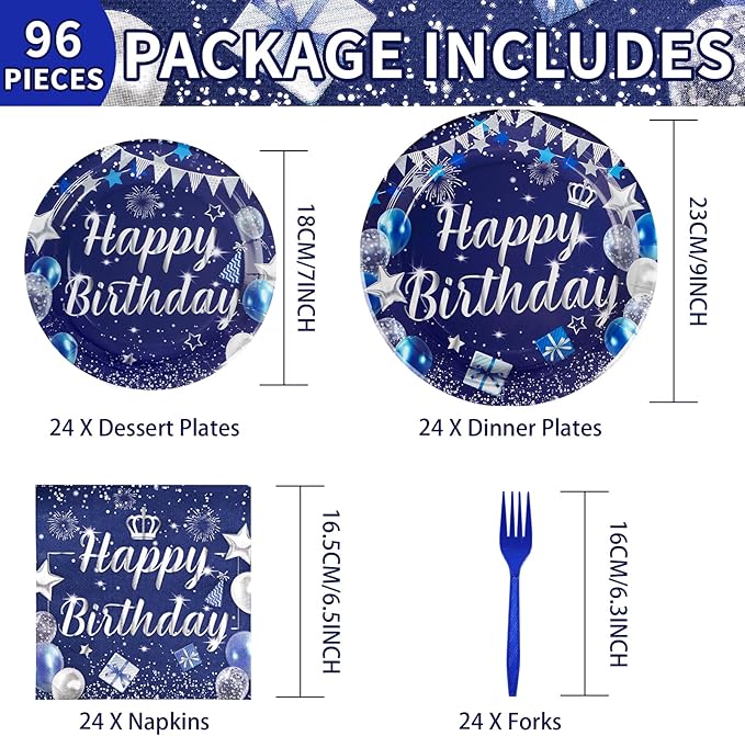 96Pcs Blue Birthday Party Supplies 350 GSM Navy Blue and Silver Plates and Napkins Disposable Tableware Sets Blue Happy Birthday Party Decorations for Men Women Birthday Party Favors Serves 24