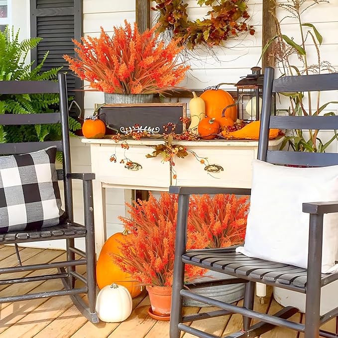 12 Bundles Artificial Fall Flowers for Outdoors Fake Fall Lavender Flowers UV Resistant Plastic Faux Fall Plants for Home Porch Autumn Fall Decorations (Orange)