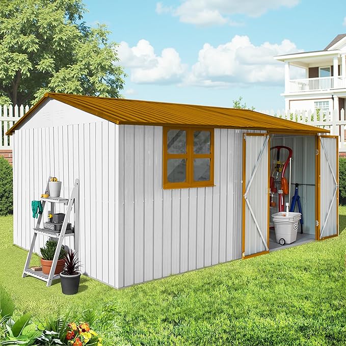 Sheds & Outdoor Storage 12 ft × 10 ft Storage Shed Large Classic Apex Roof Metal Garden Storage Sheds with Hinged Door, Window Tool Cabinet for Backyard, Patio, Poolside, White + Yellow