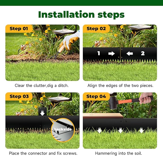 Steel Garden Edging with Top Bending Protection Metal Lanscape Edging Steel Lawn Edging 40 inch Strips, 6 inch Depth 90 Degree Bend for Garden,Lawn,Backyard, 6 Pack (6 inch-90 Degree Bend, Black)